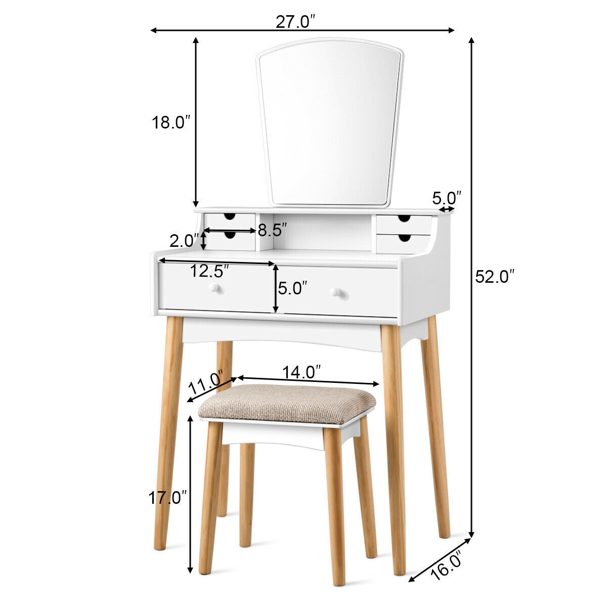 Makeup Vanity Set with 6 Drawers and Unique Shape Mirror