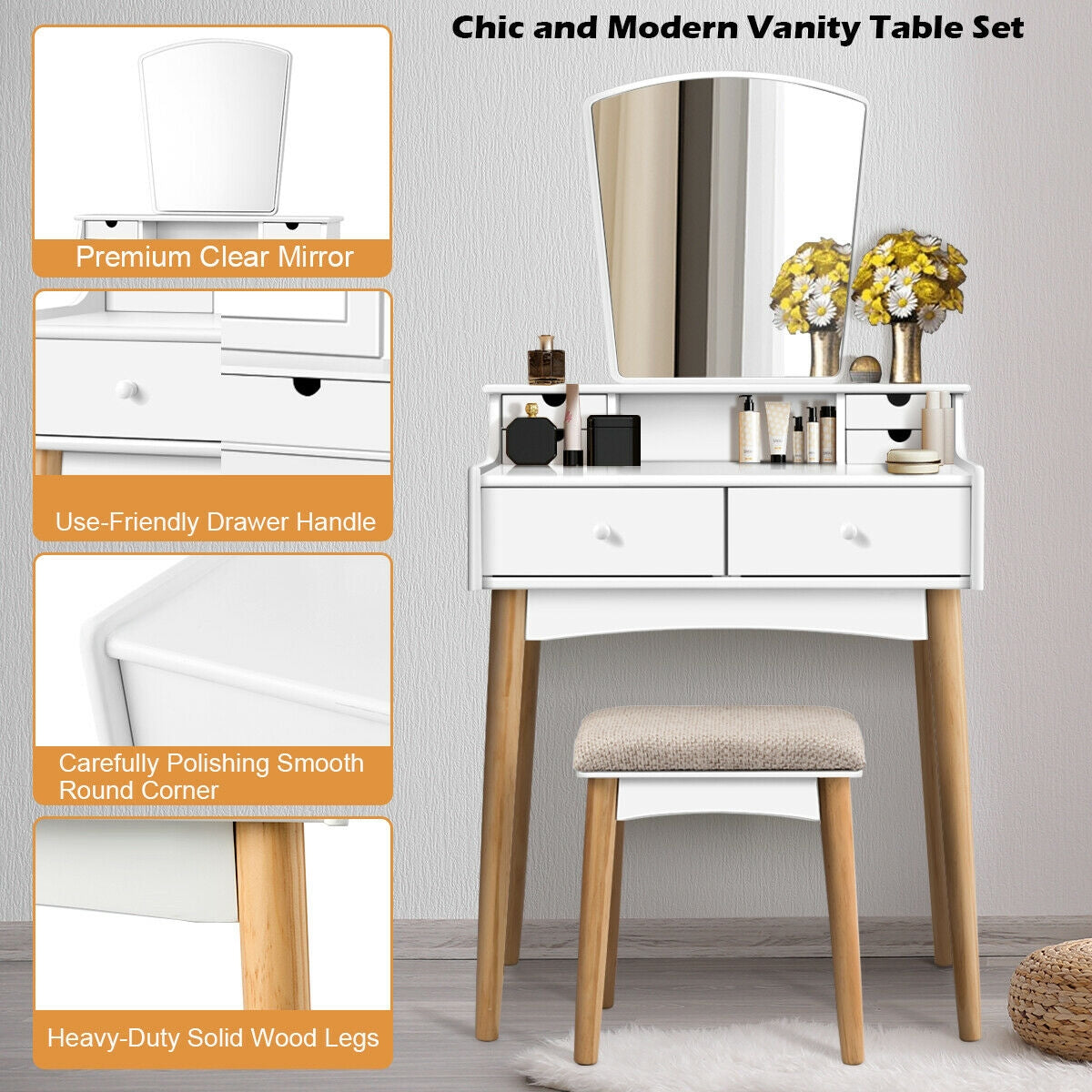 Makeup Vanity Set with 6 Drawers and Unique Shape Mirror