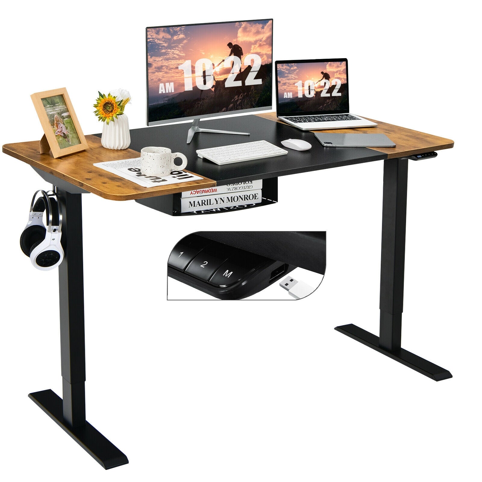 55 Inch x 28 Inch Electric Standing Desk with USB Port Black-Brown