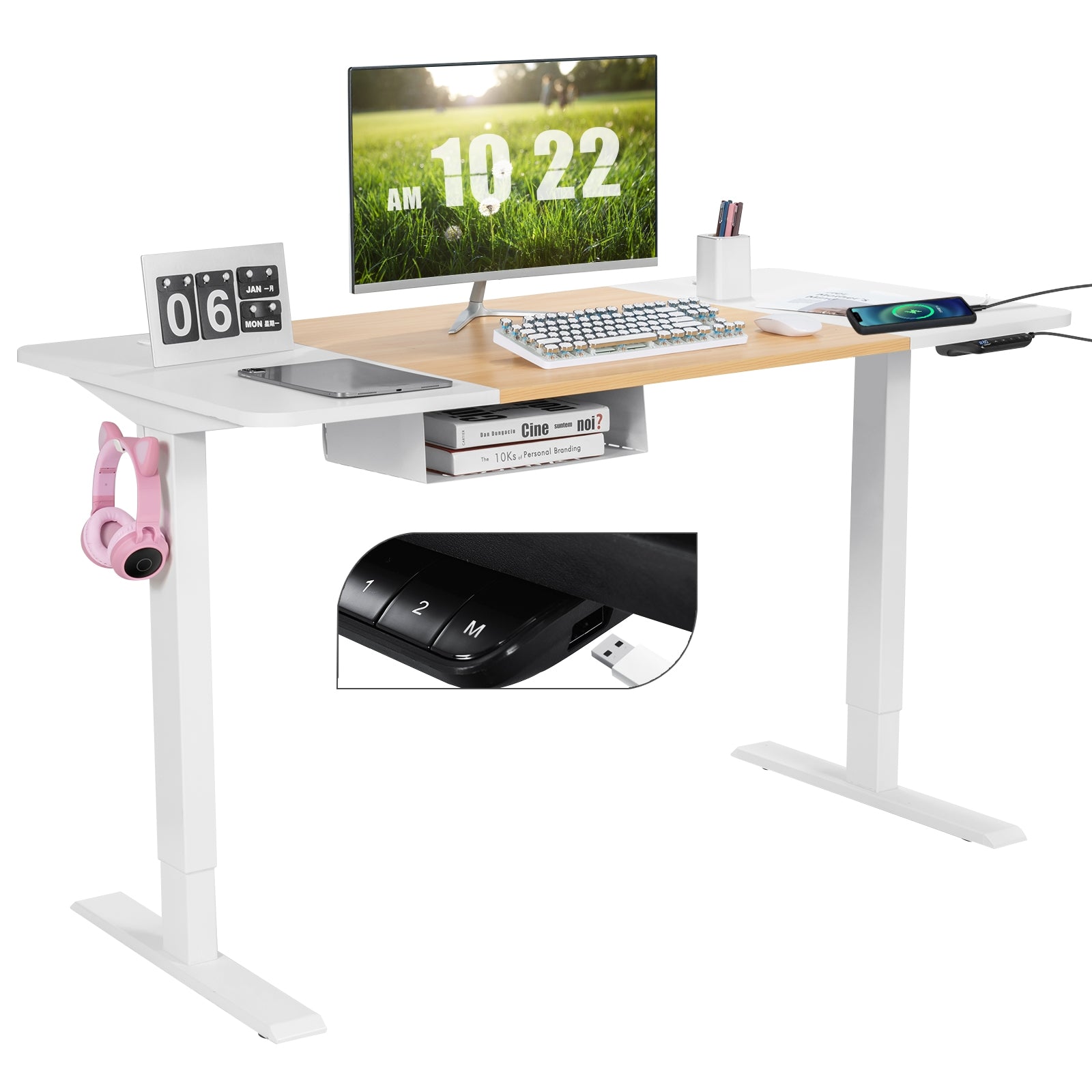 55 x 28 Inch Electric Adjustable Sit to Stand Desk with USB Port-White