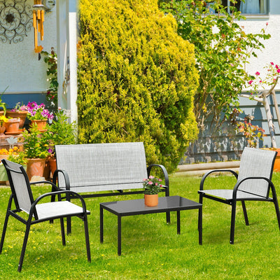 4 Pieces Patio Furniture Set with Glass Top Coffee Table-Gray 