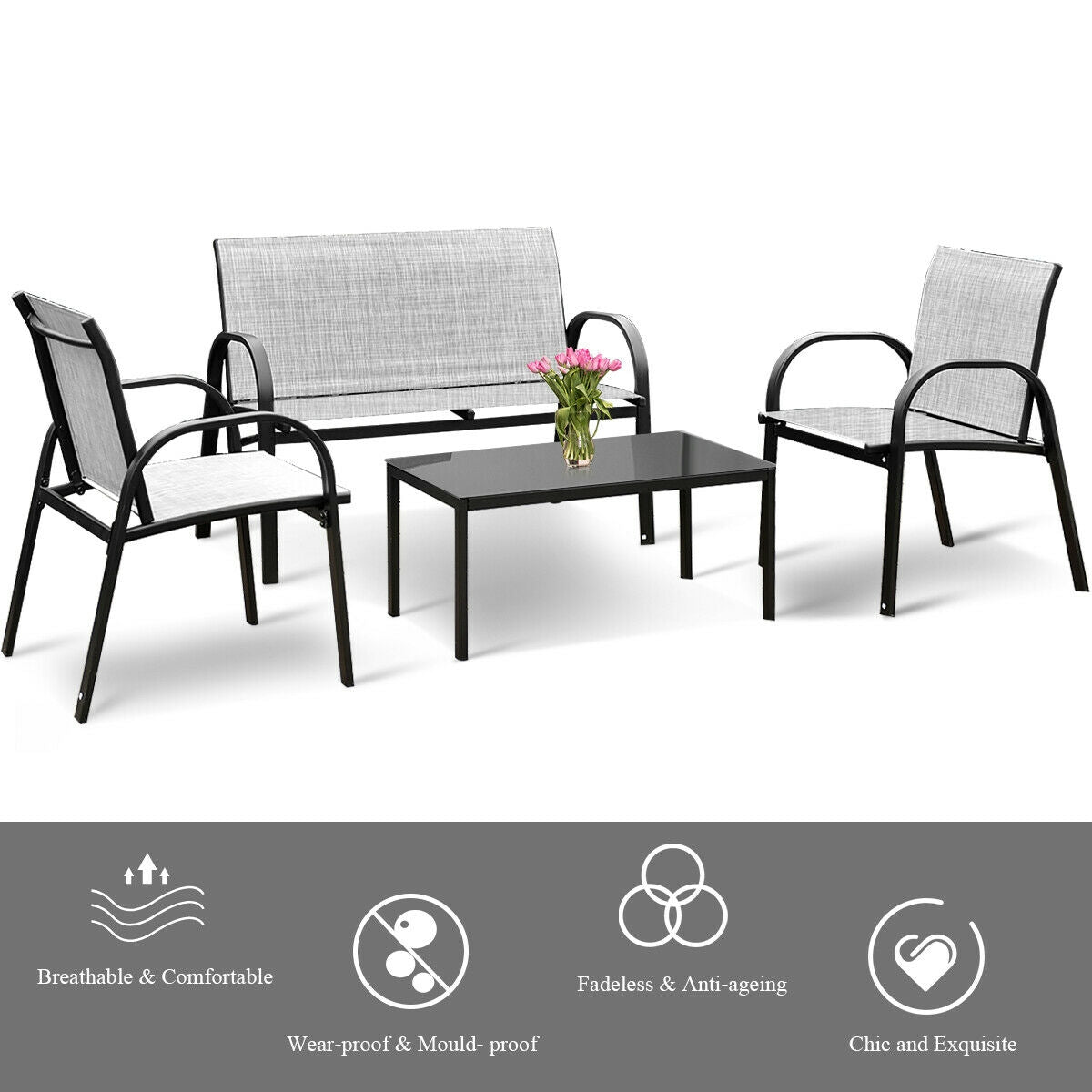 4 Pieces Patio Furniture Set with Glass Top Coffee Table-Gray