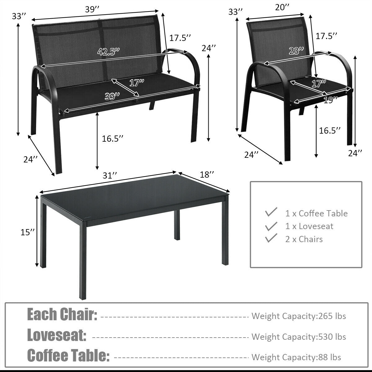 4 Pieces Patio Furniture Set with Glass Top Coffee Table-Black