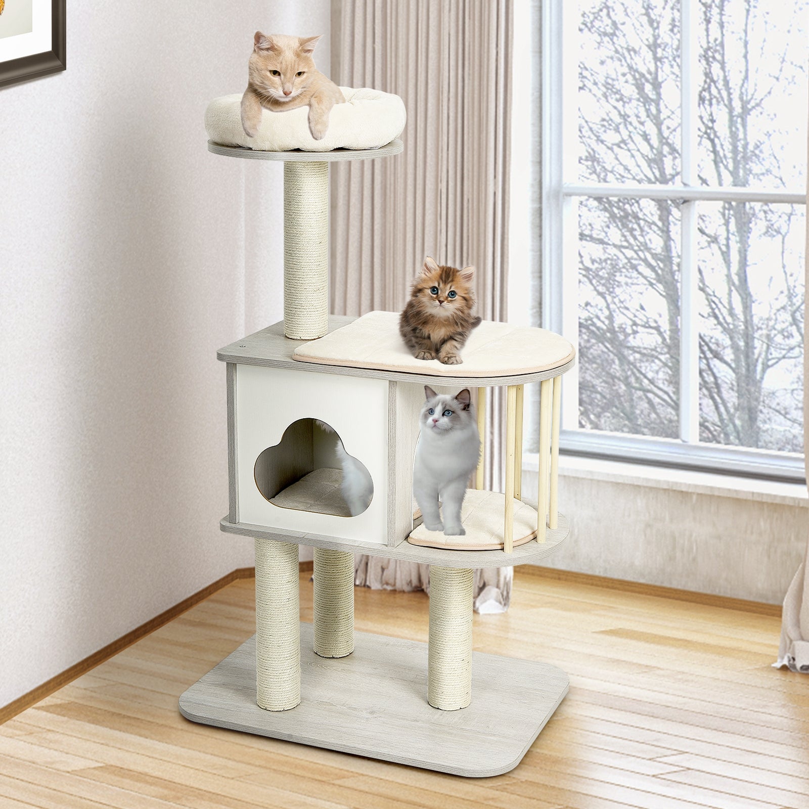 46 Inch Wooden Cat Activity Tree with Platform and Cushionsfor for Cats and Kittens