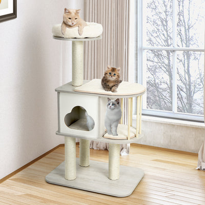 46 Inch Wooden Cat Activity Tree with Platform and Cushionsfor for Cats and Kittens 