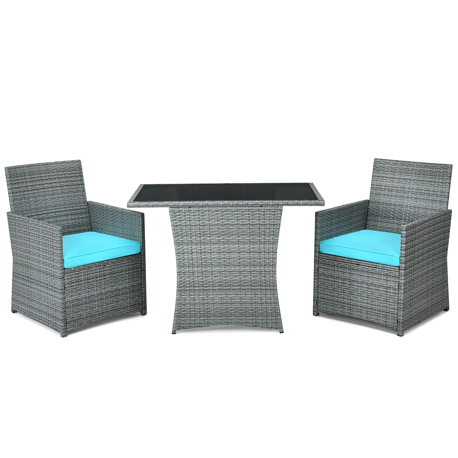 3 Pieces Patio Rattan Furniture Set with Cushioned Armrest Sofa-Turquoise