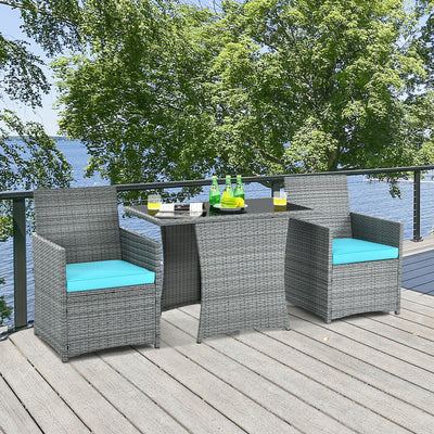 3 Pieces Patio Rattan Furniture Set with Cushioned Armrest Sofa-Turquoise 