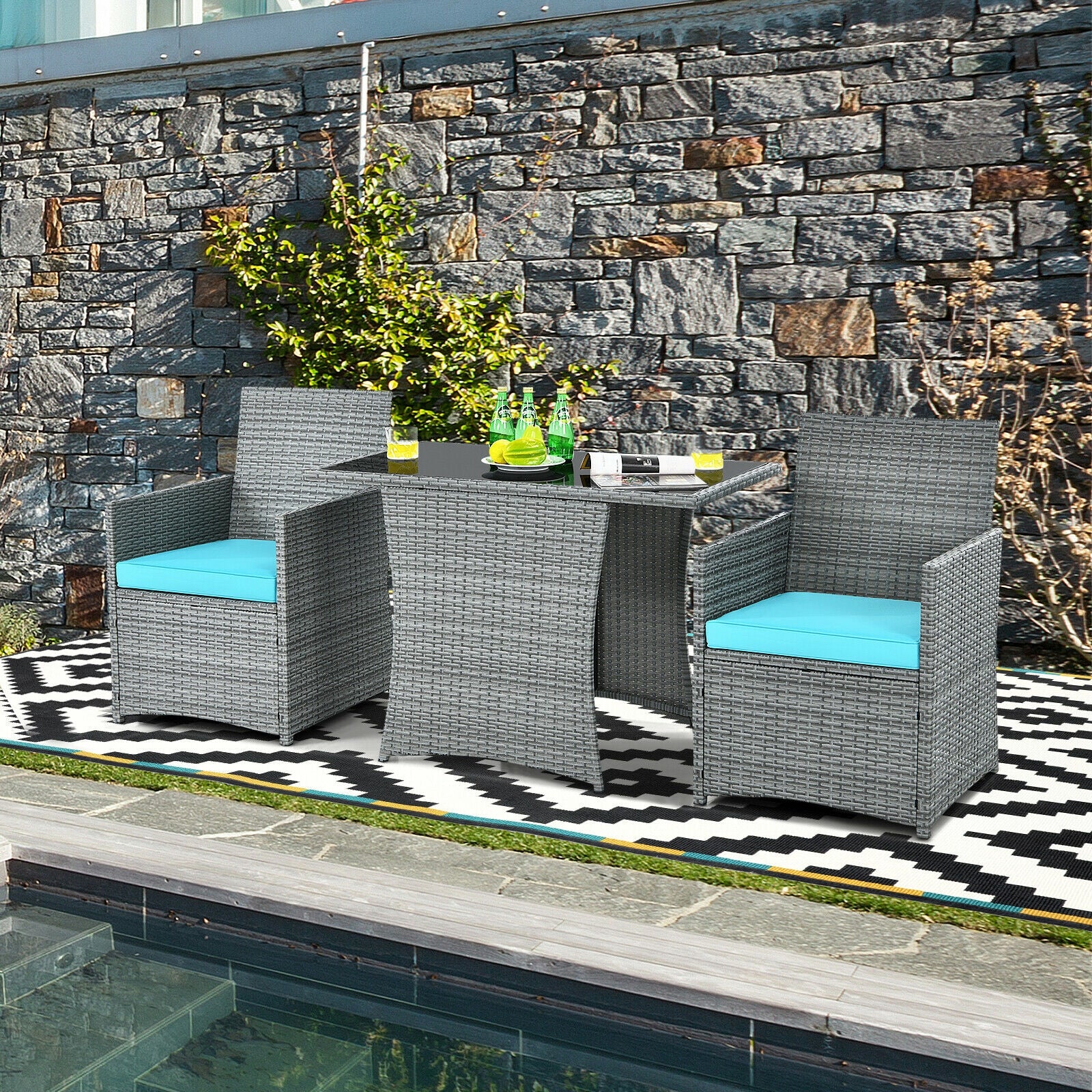 3 Pieces Patio Rattan Furniture Set with Cushioned Armrest Sofa-Turquoise