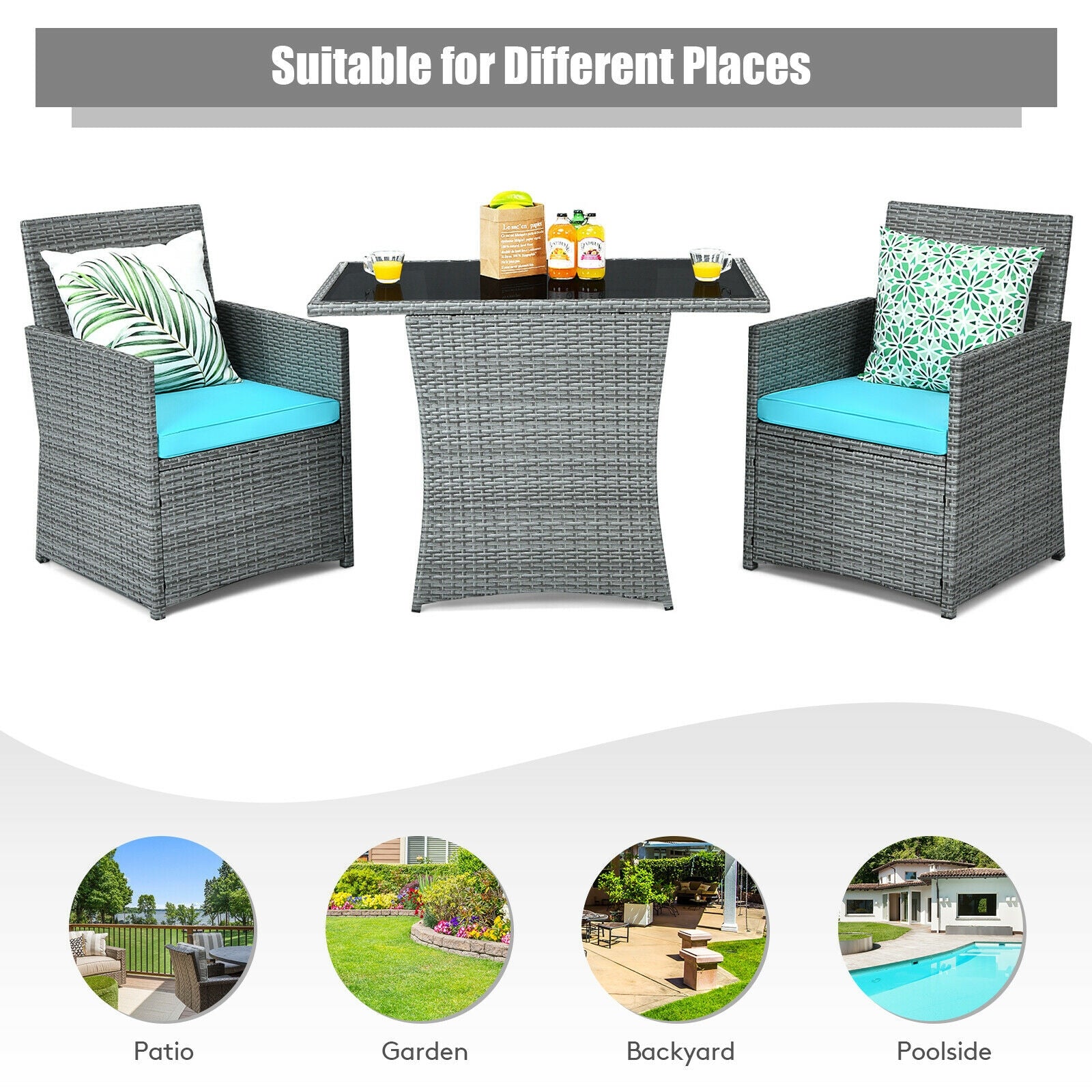 3 Pieces Patio Rattan Furniture Set with Cushioned Armrest Sofa-Turquoise