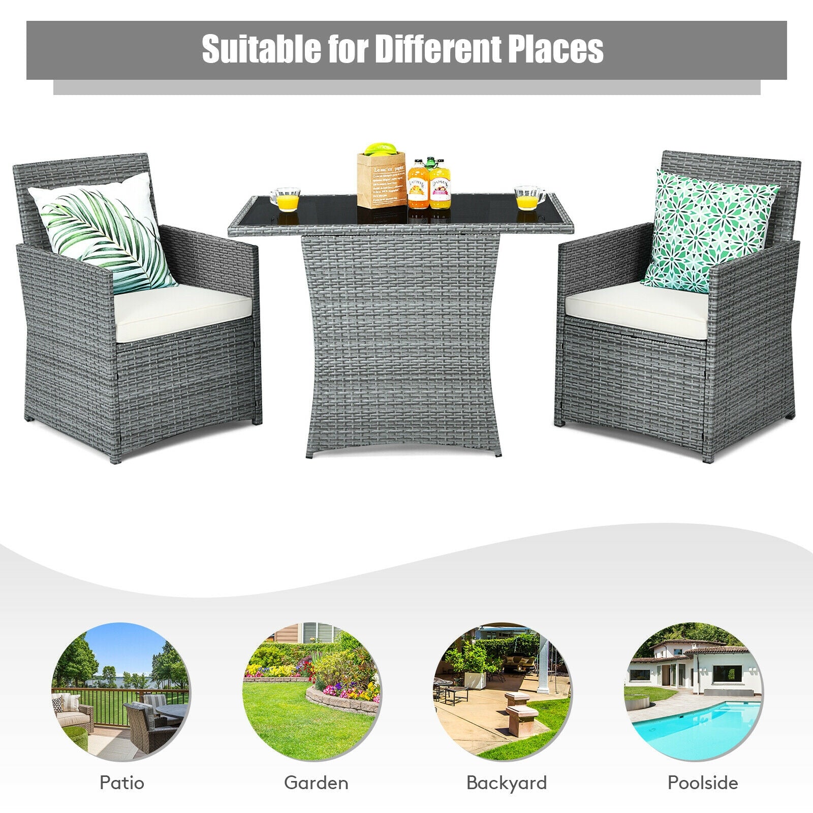 3 Pieces Patio Rattan Furniture Set with Cushioned Armrest Sofa-White