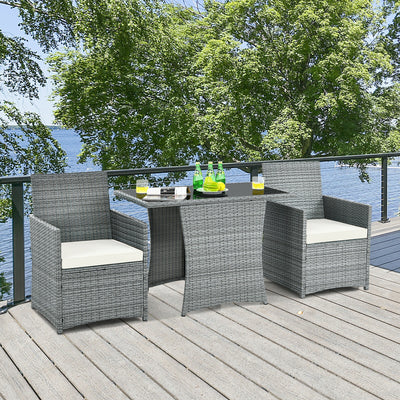 3 Pieces Patio Rattan Furniture Set with Cushioned Armrest Sofa-White 