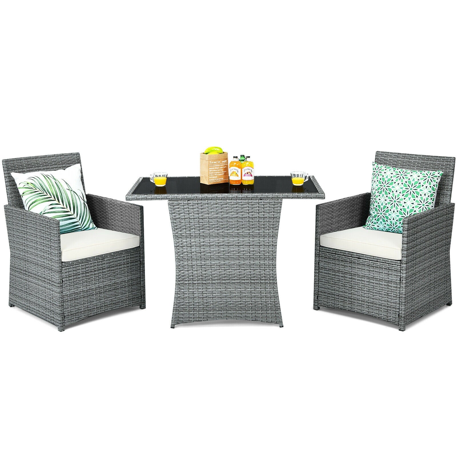 3 Pieces Patio Rattan Furniture Set with Cushioned Armrest Sofa-White