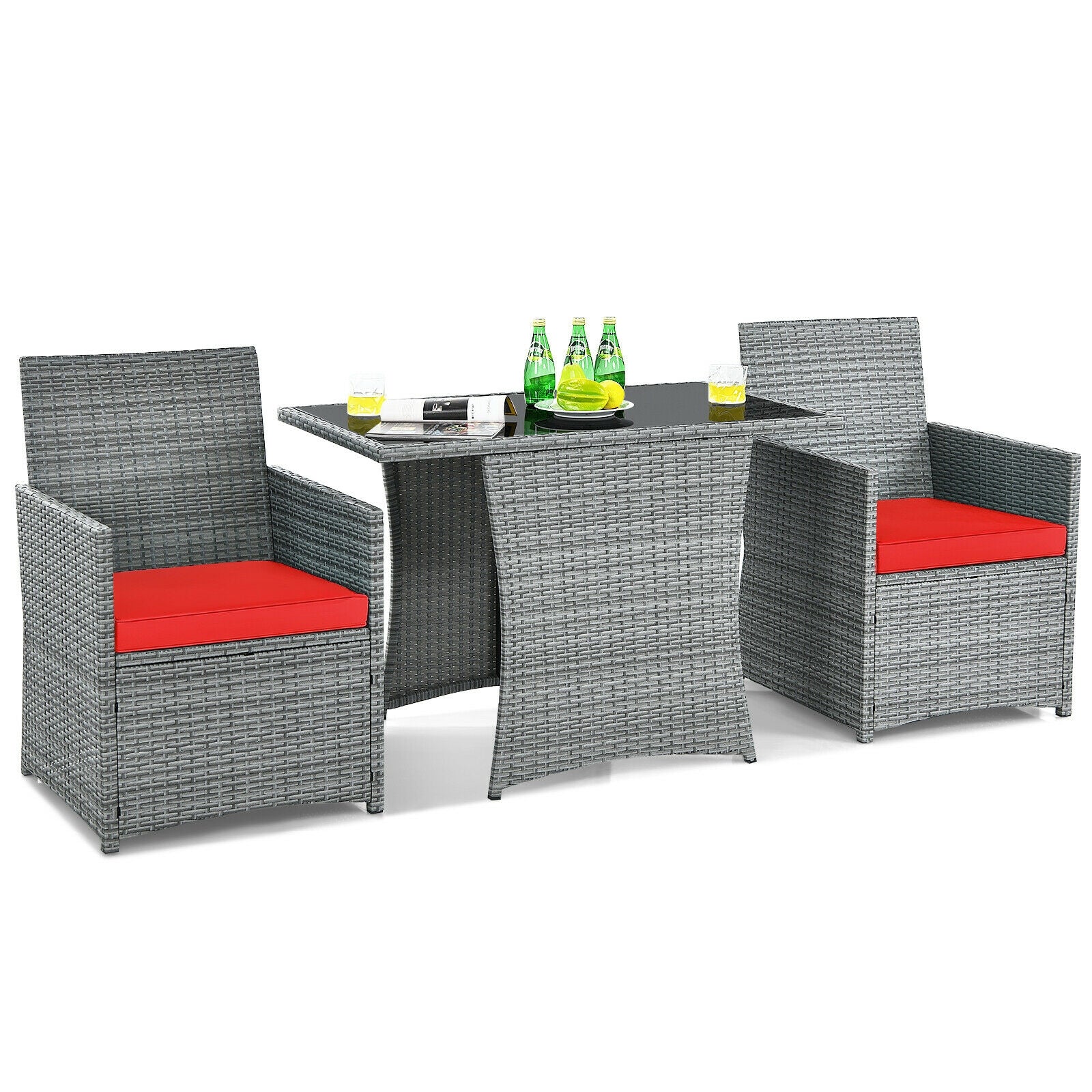 3 Pieces Patio Rattan Furniture Set with Cushioned Armrest Sofa-Red