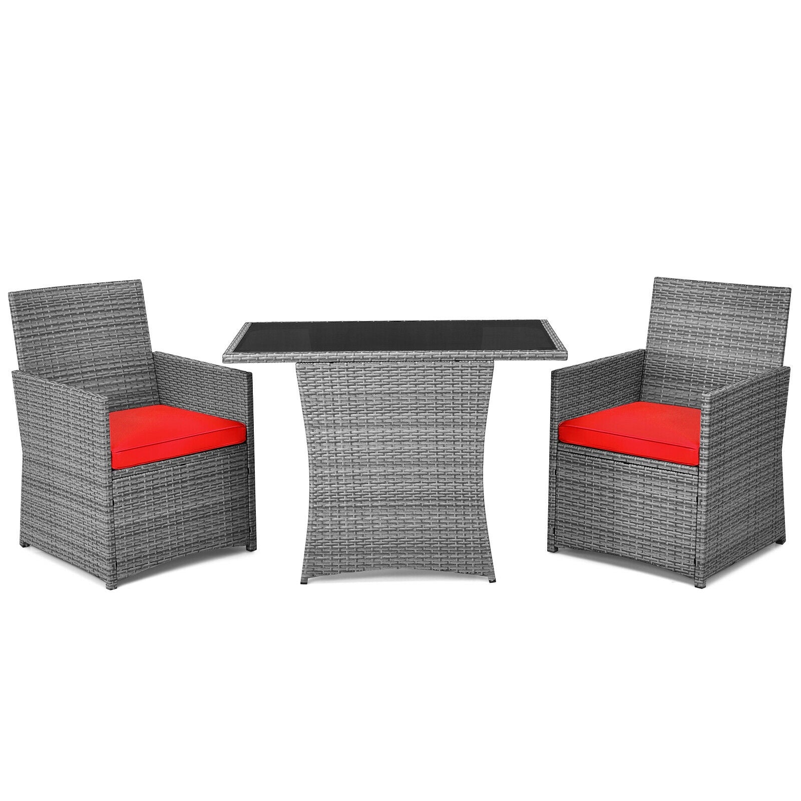 3 Pieces Patio Rattan Furniture Set with Cushioned Armrest Sofa-Red