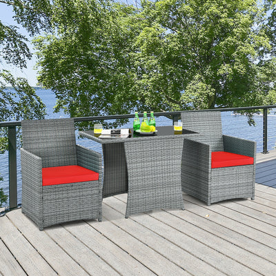 3 Pieces Patio Rattan Furniture Set with Cushioned Armrest Sofa-Red 
