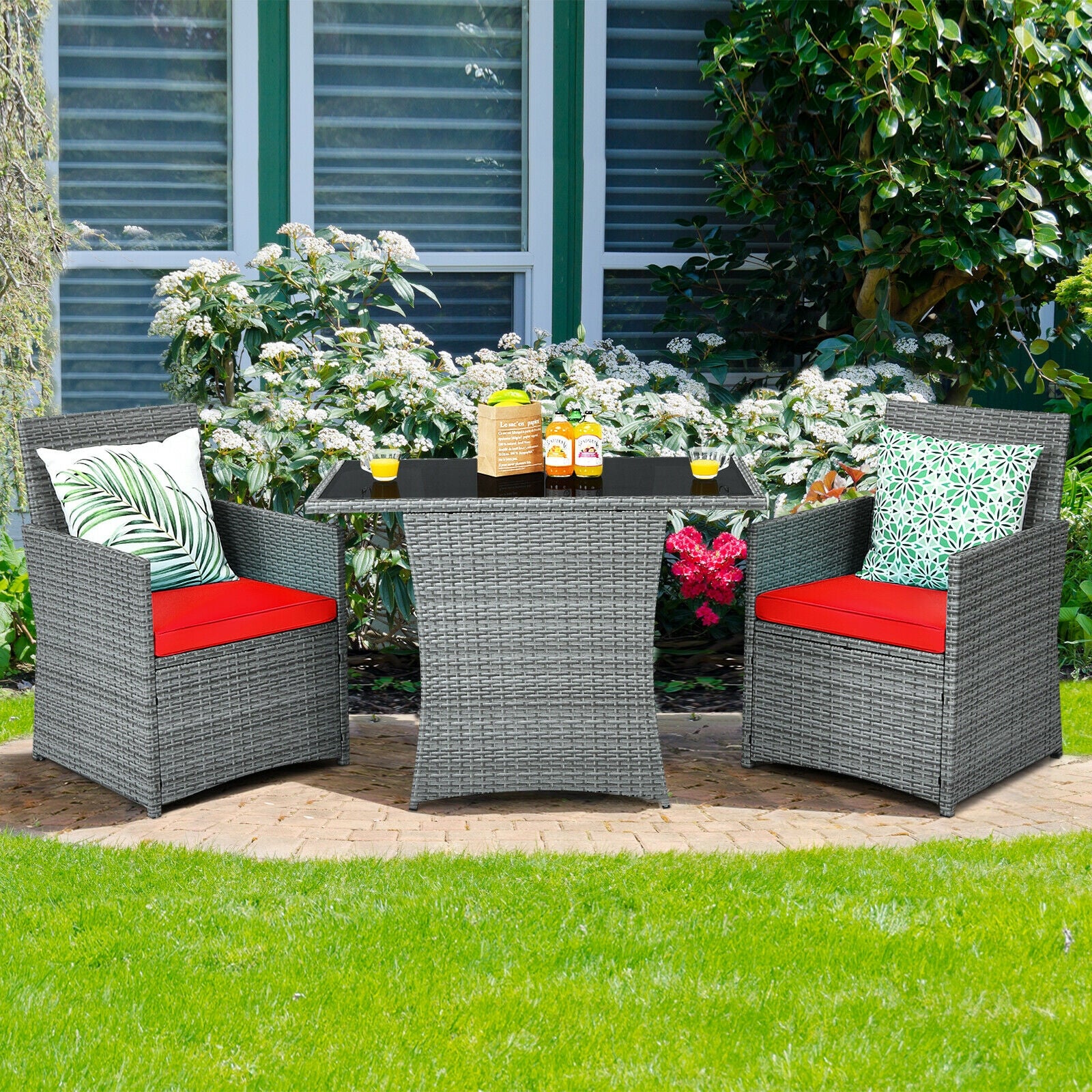 3 Pieces Patio Rattan Furniture Set with Cushioned Armrest Sofa-Red