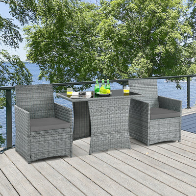 3 Pieces Patio Rattan Furniture Set with Cushioned Armrest Sofa-Gray 