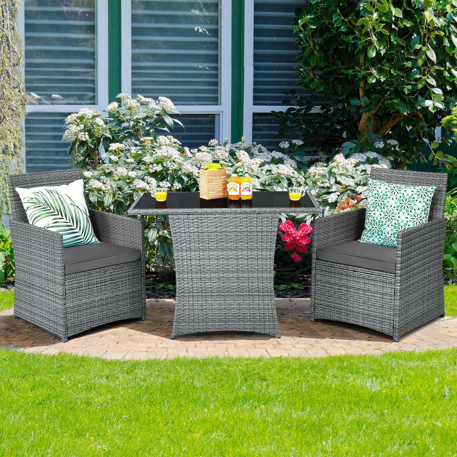 3 Pieces Patio Rattan Furniture Set with Cushioned Armrest Sofa-Gray