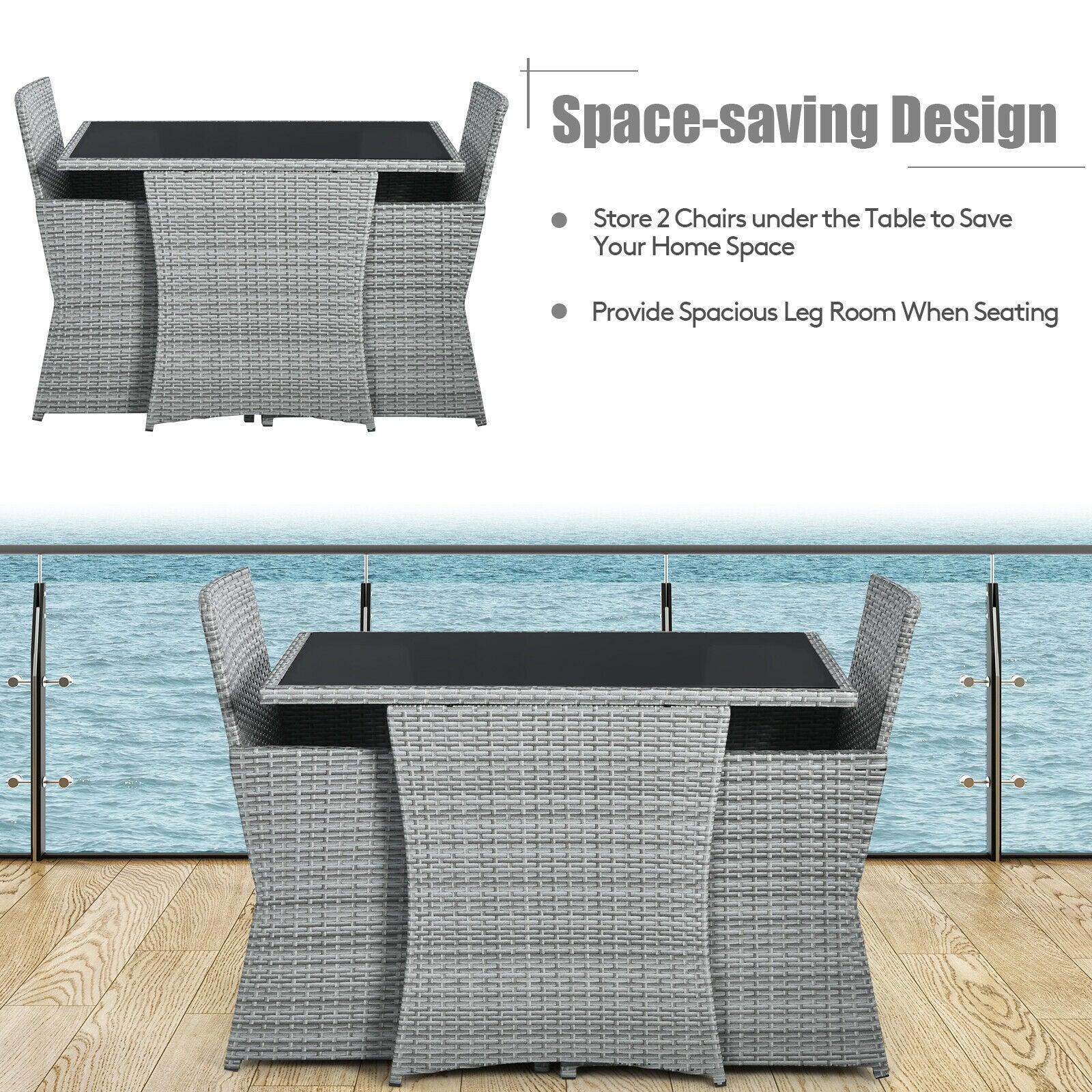 3 Pieces Patio Rattan Furniture Set with Cushioned Armrest Sofa-Gray