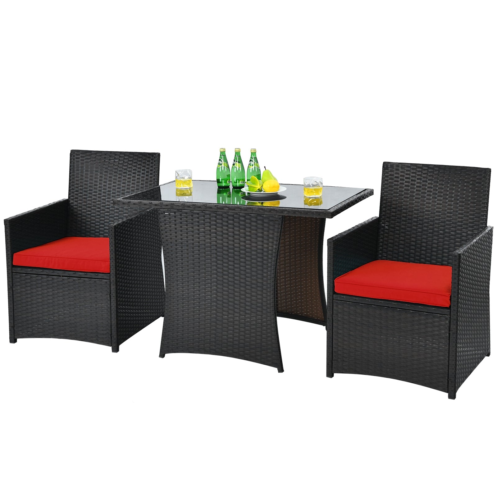 3 Pieces Patio Rattan Furniture Set with Cushion and Sofa Armrest-Red