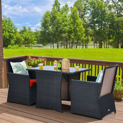 3 Pieces Patio Rattan Furniture Set with Cushion and Sofa Armrest-Red 