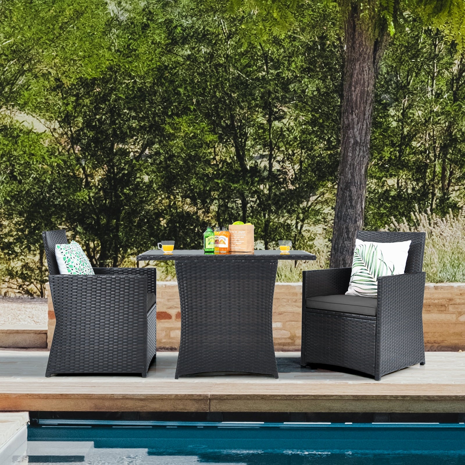 3 Pieces Patio Rattan Furniture Set with Cushion and Sofa Armrest-Gray