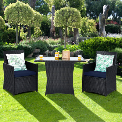 3 Pieces Patio Rattan Furniture Set with Cushion and Sofa Armrest-Navy 