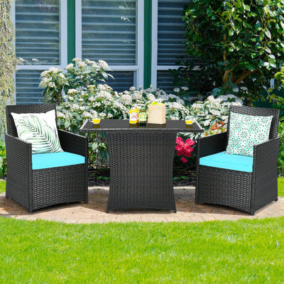 3 Pieces Patio Rattan Furniture Set with Cushion and Sofa Armrest-Turquoise 