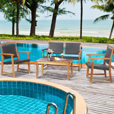 4 Pieces Outdoor Patio Rattan Furniture Sofa Set with Acacia Wood Frame 