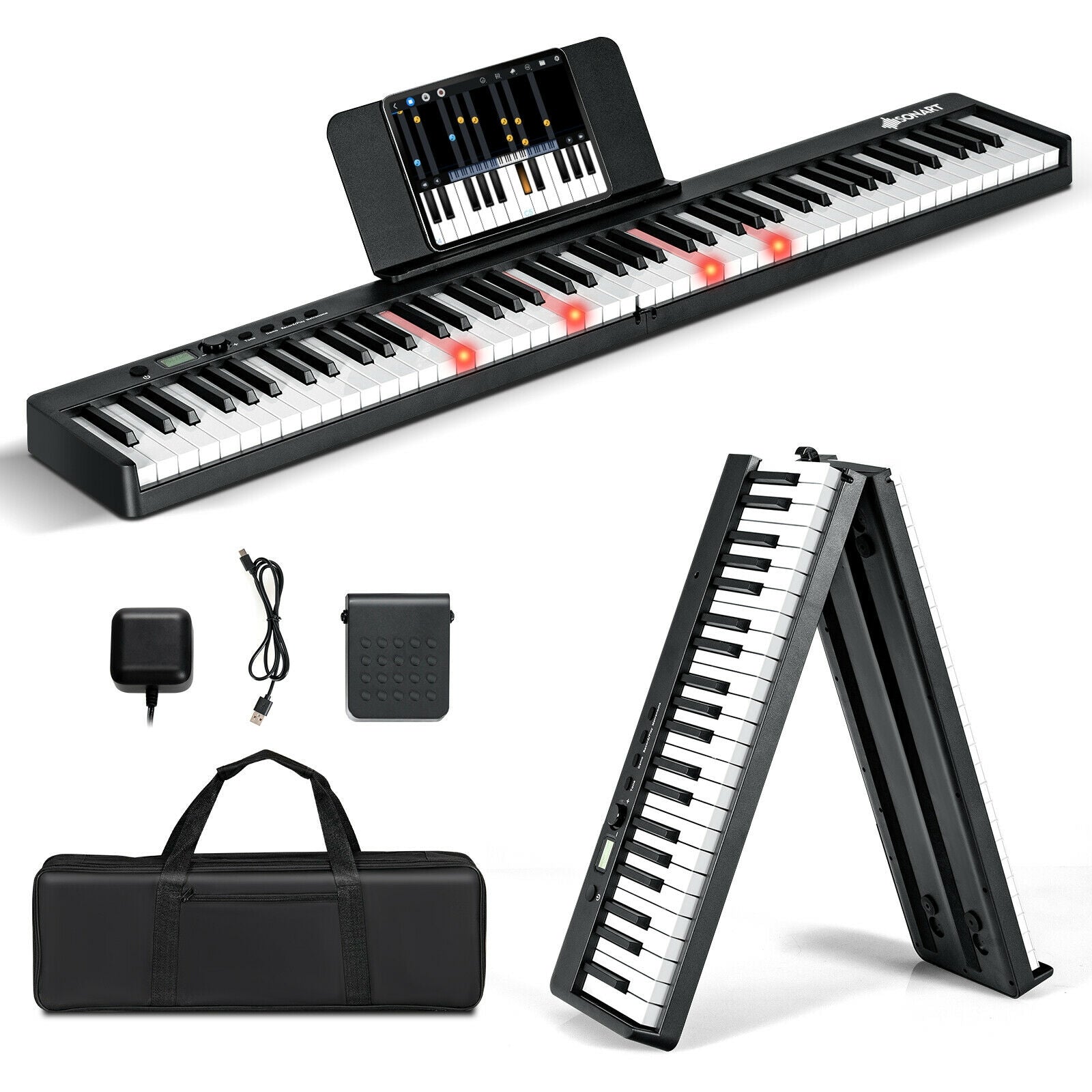 88-Key Folding Semi Weighted Full Size Lighted Piano Keyboard-Black