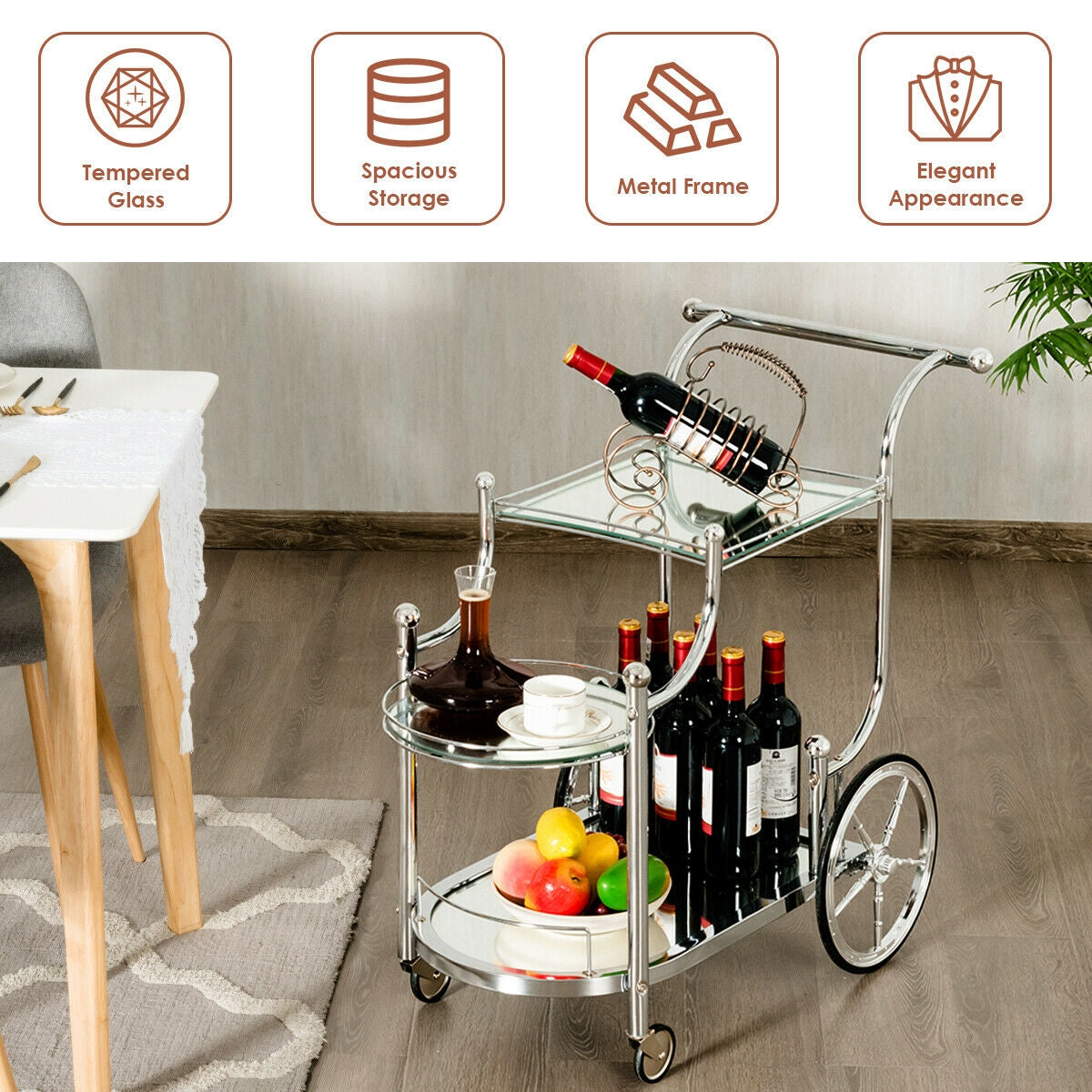 Kitchen Rolling Bar Cart with Tempered Glass Suitable for Restaurant and Hotel