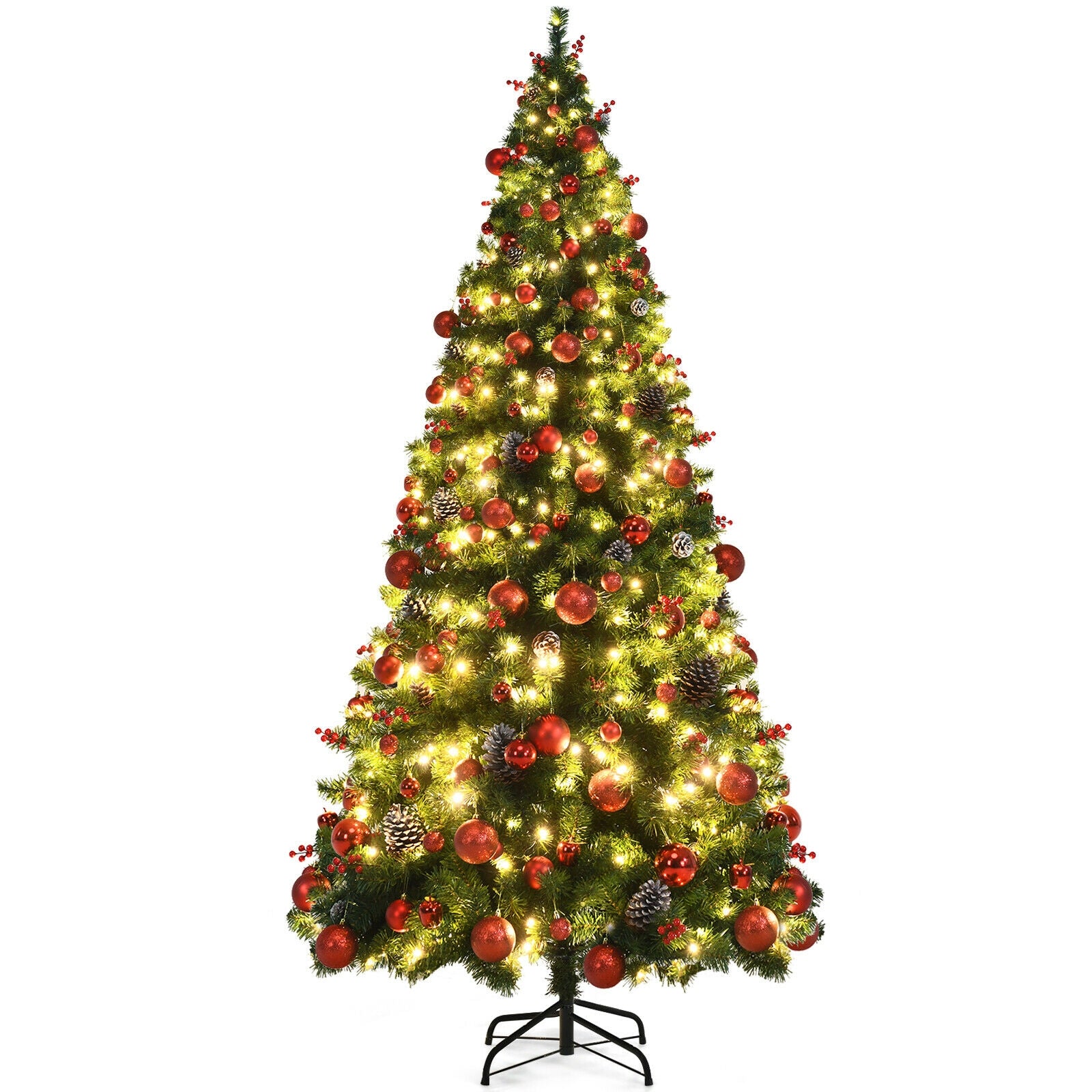 Pre-lit Christmas Hinged Tree with Red Berries and Ornaments-7'