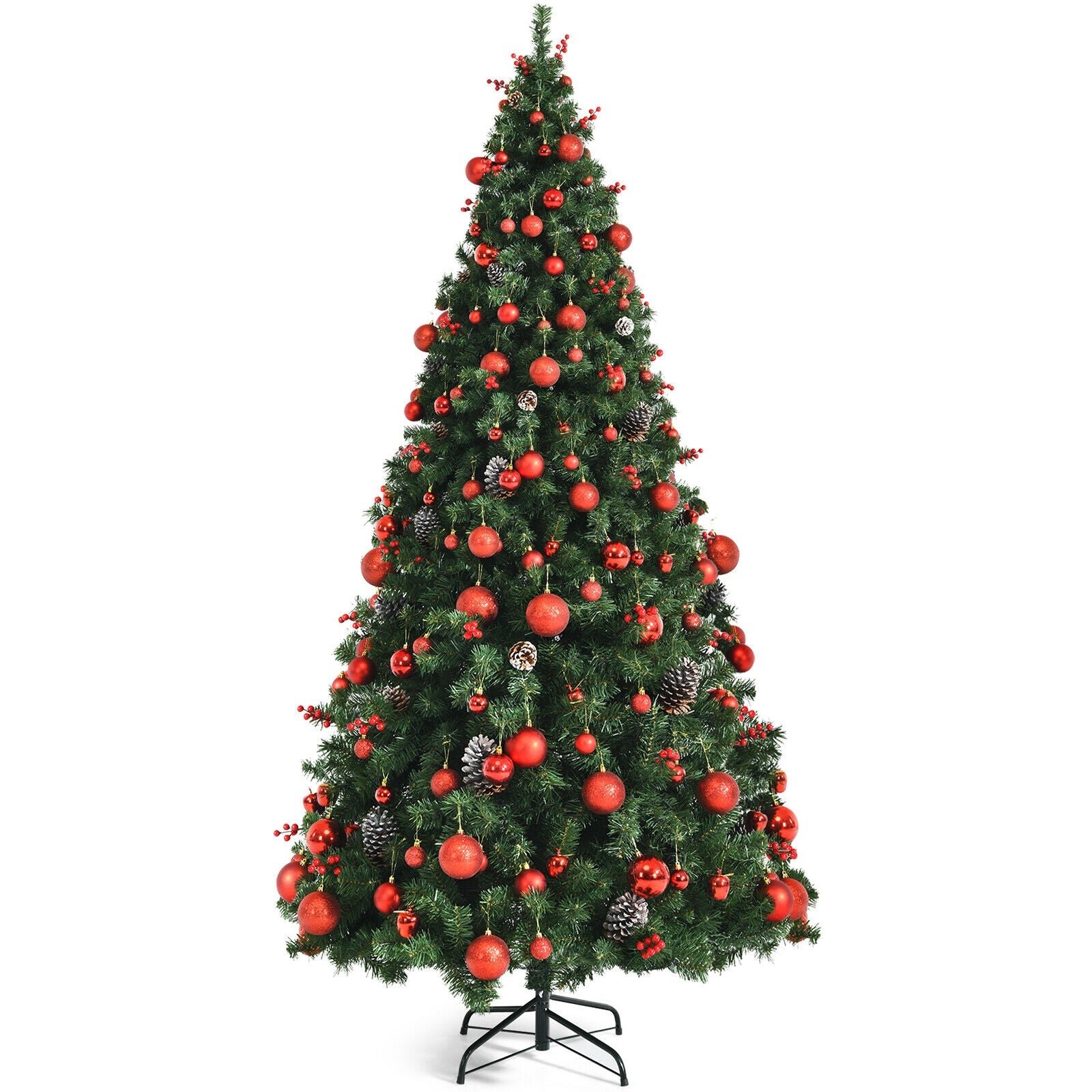 Pre-lit Christmas Hinged Tree with Red Berries and Ornaments-7'