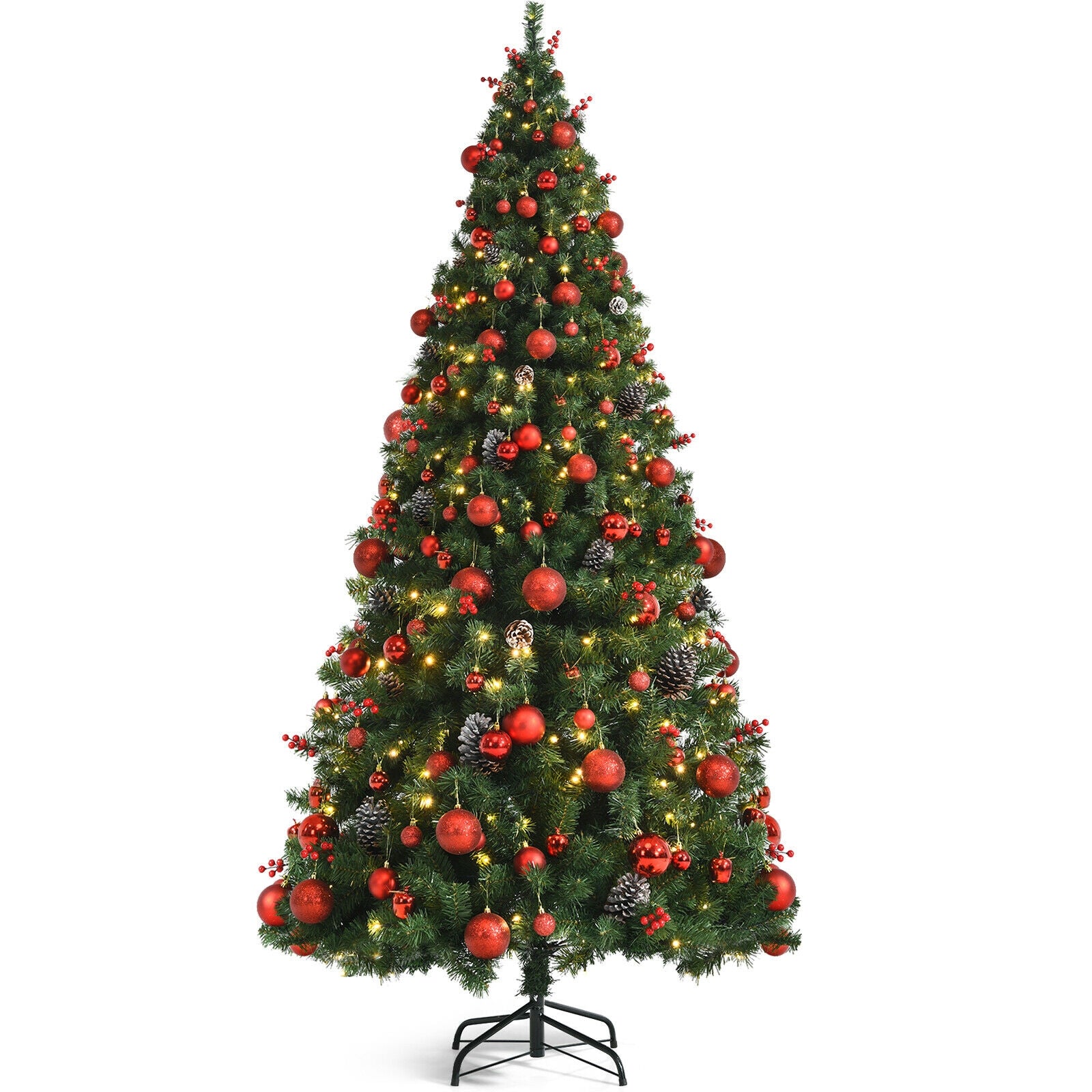 Pre-lit Christmas Hinged Tree with Red Berries and Ornaments-7'