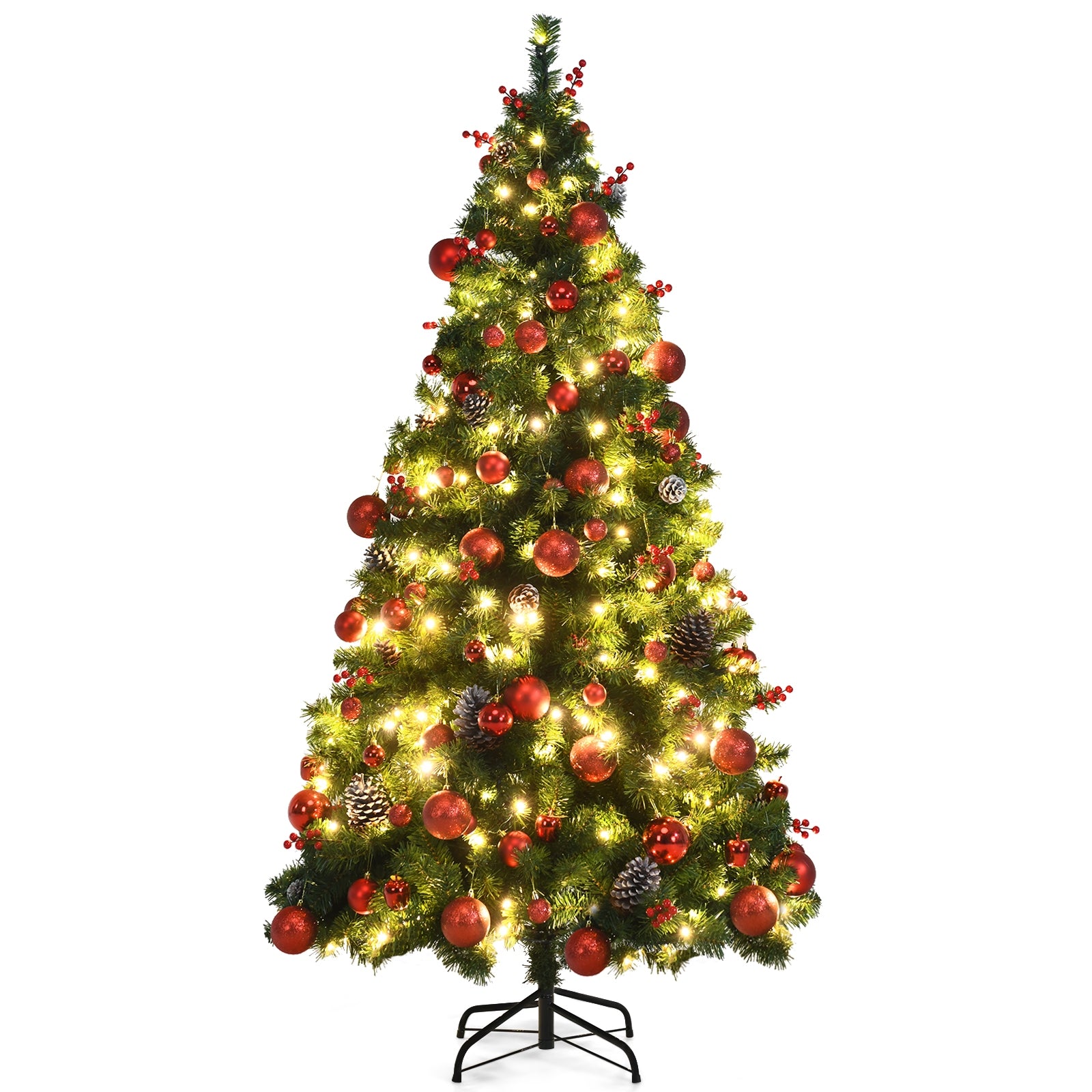 Pre-lit Christmas Hinged Tree with Red Berries and Ornaments-6'