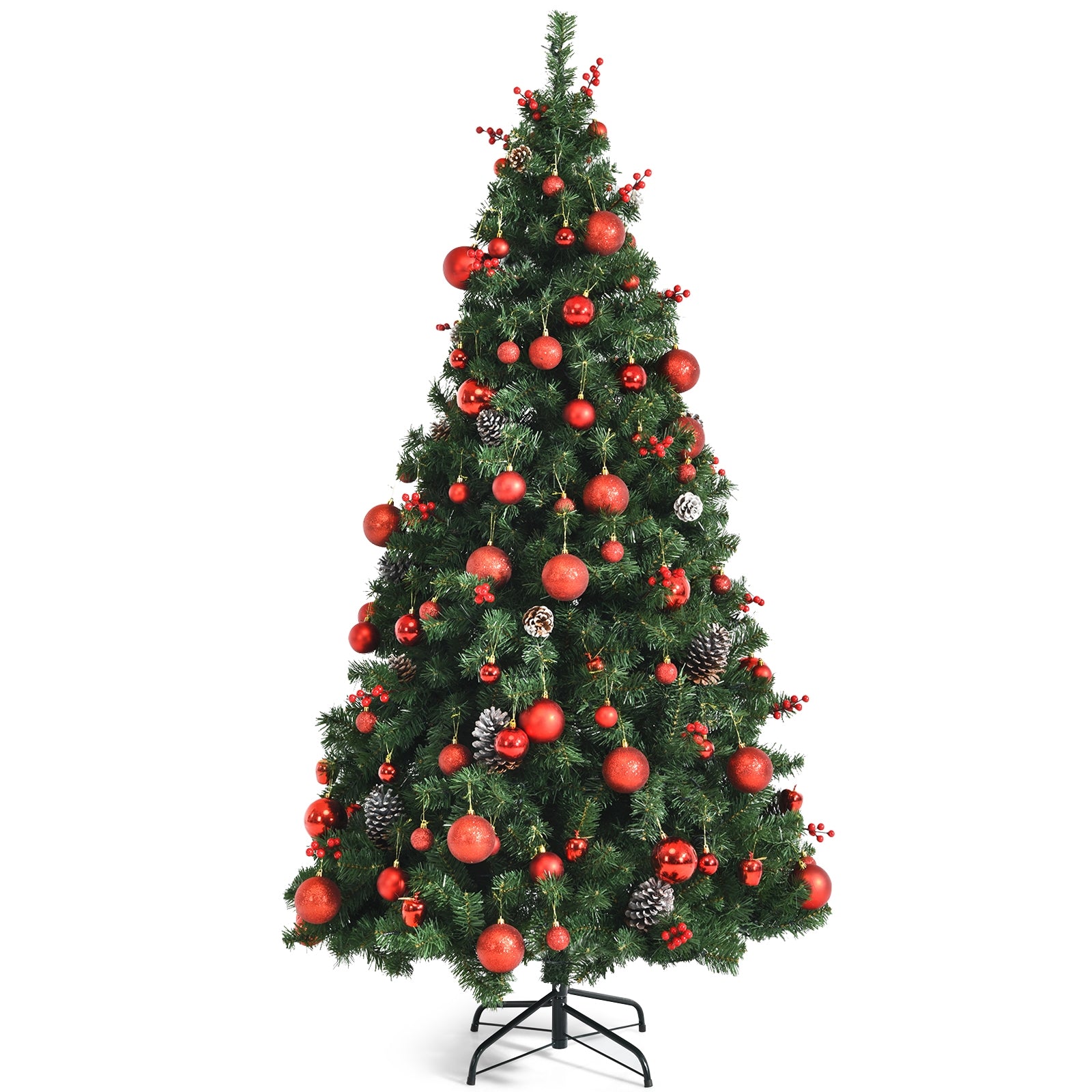 Pre-lit Christmas Hinged Tree with Red Berries and Ornaments-6'