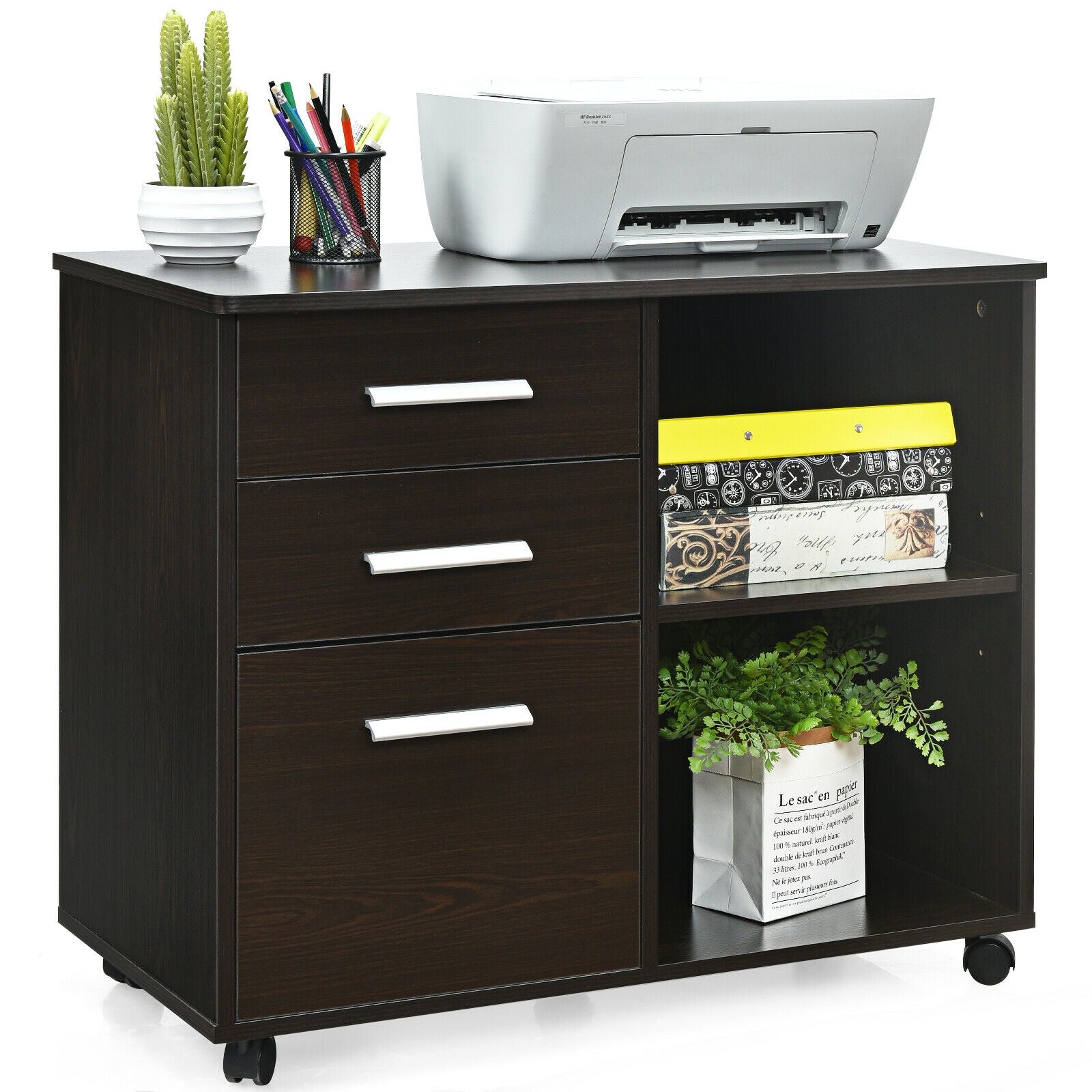 3-Drawer Mobile Lateral File Cabinet Printer Stand-Espresso