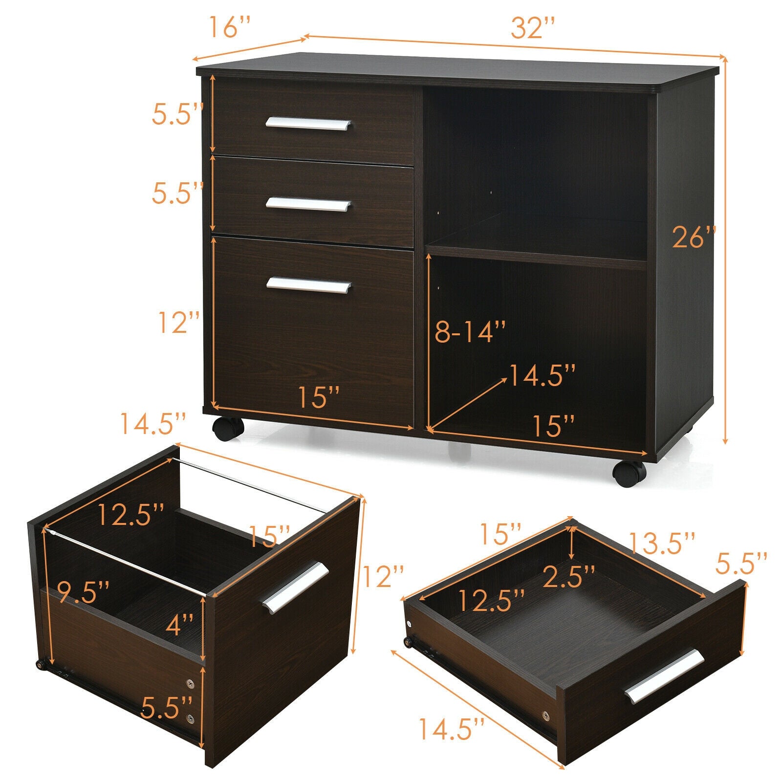 3-Drawer Mobile Lateral File Cabinet Printer Stand-Espresso