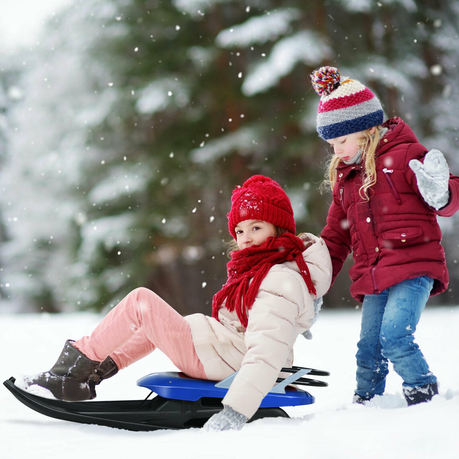 Folding Kids' Metal Snow Sled with Pull Rope Snow Slider and Leather Seat 