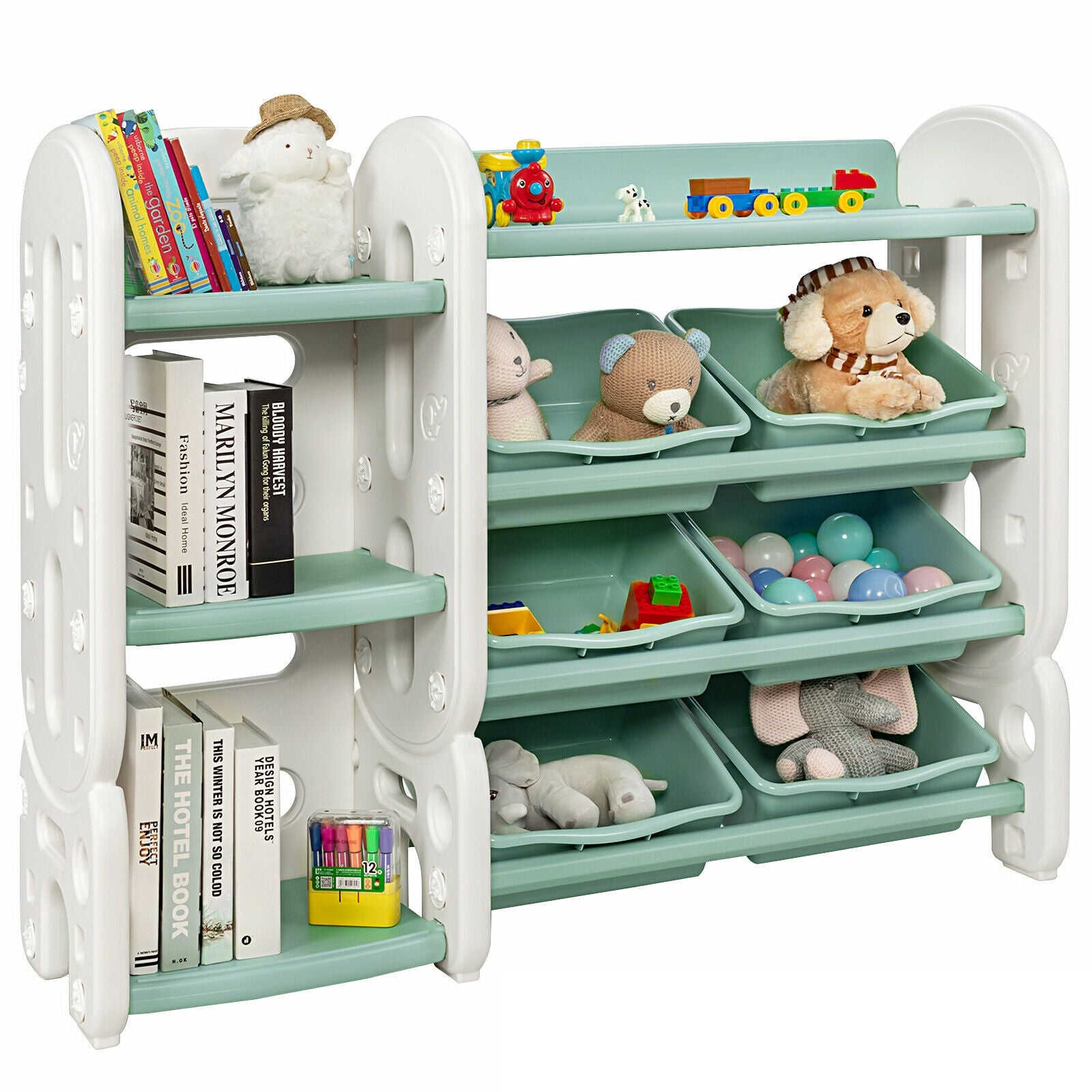 Kids Toy Storage Organizer with Bins and Multi-Layer Shelf for Bedroom Playroom-Green