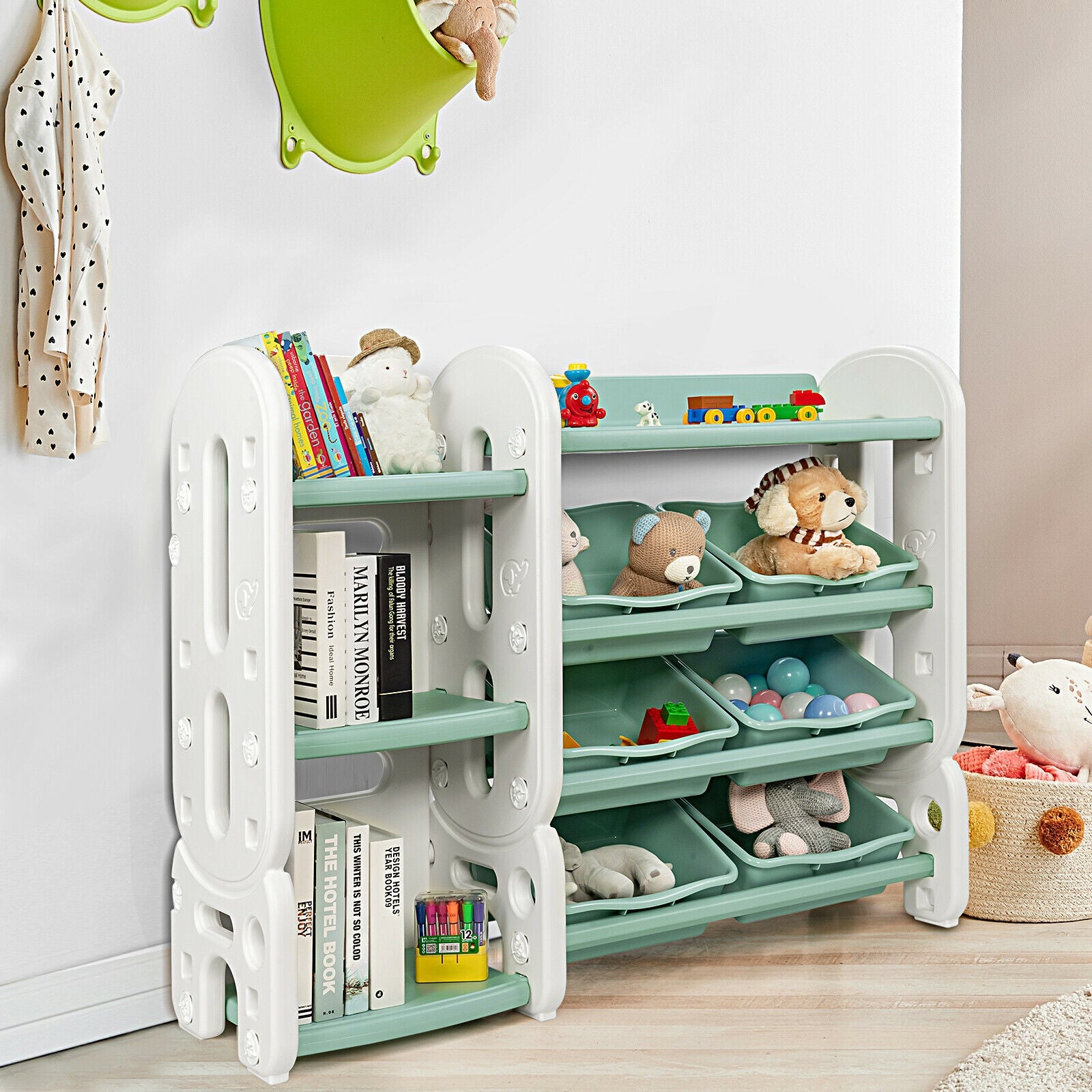 Kids Toy Storage Organizer with Bins and Multi-Layer Shelf for Bedroom Playroom-Green