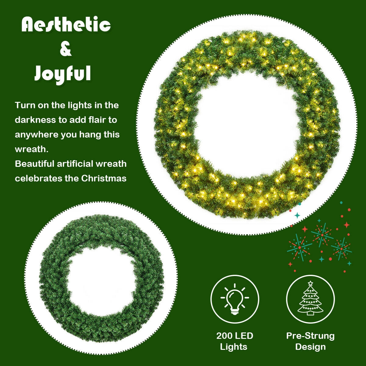 48 Inch Pre-lit Cordless Artificial Christmas Wreath