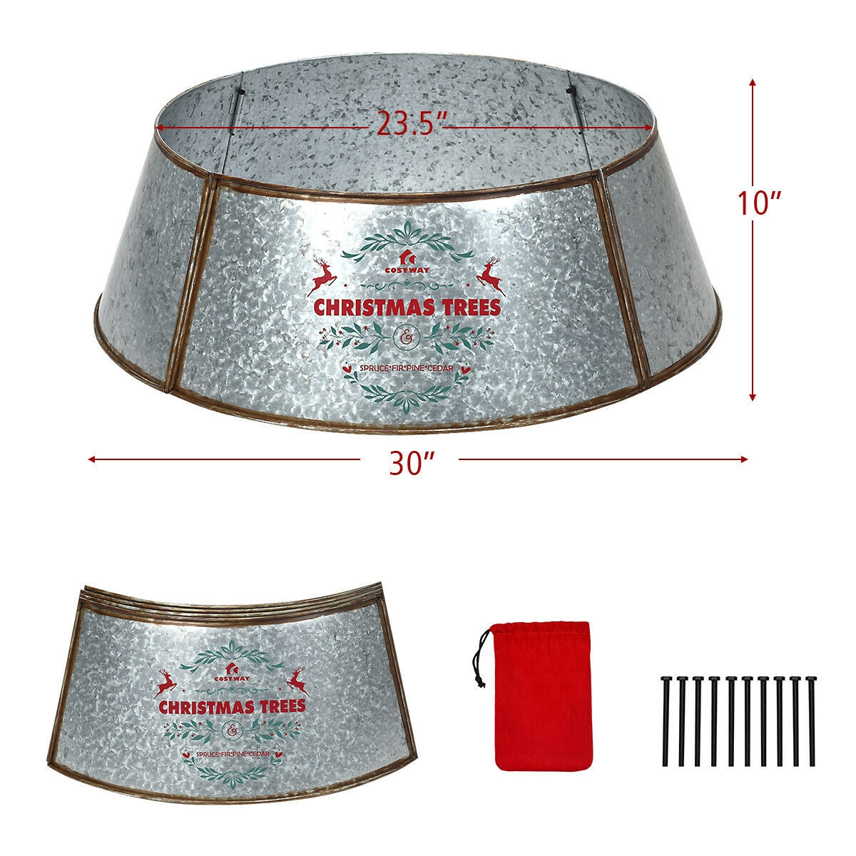 Galvanized Metal ChristmasTree Collar Skirt Ring Cover Decor-Silver