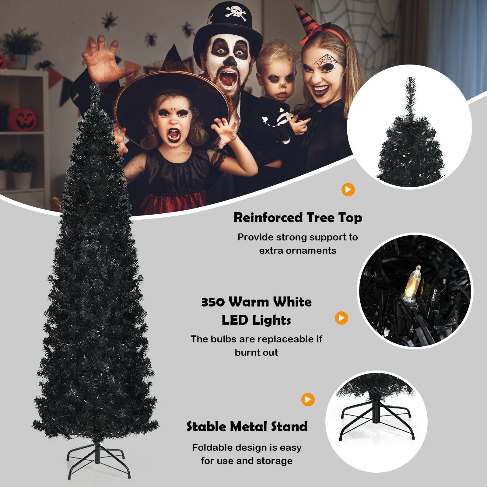 Pre-lit Christmas Halloween Tree with PVC Branch Tips and Warm White Lights-7'