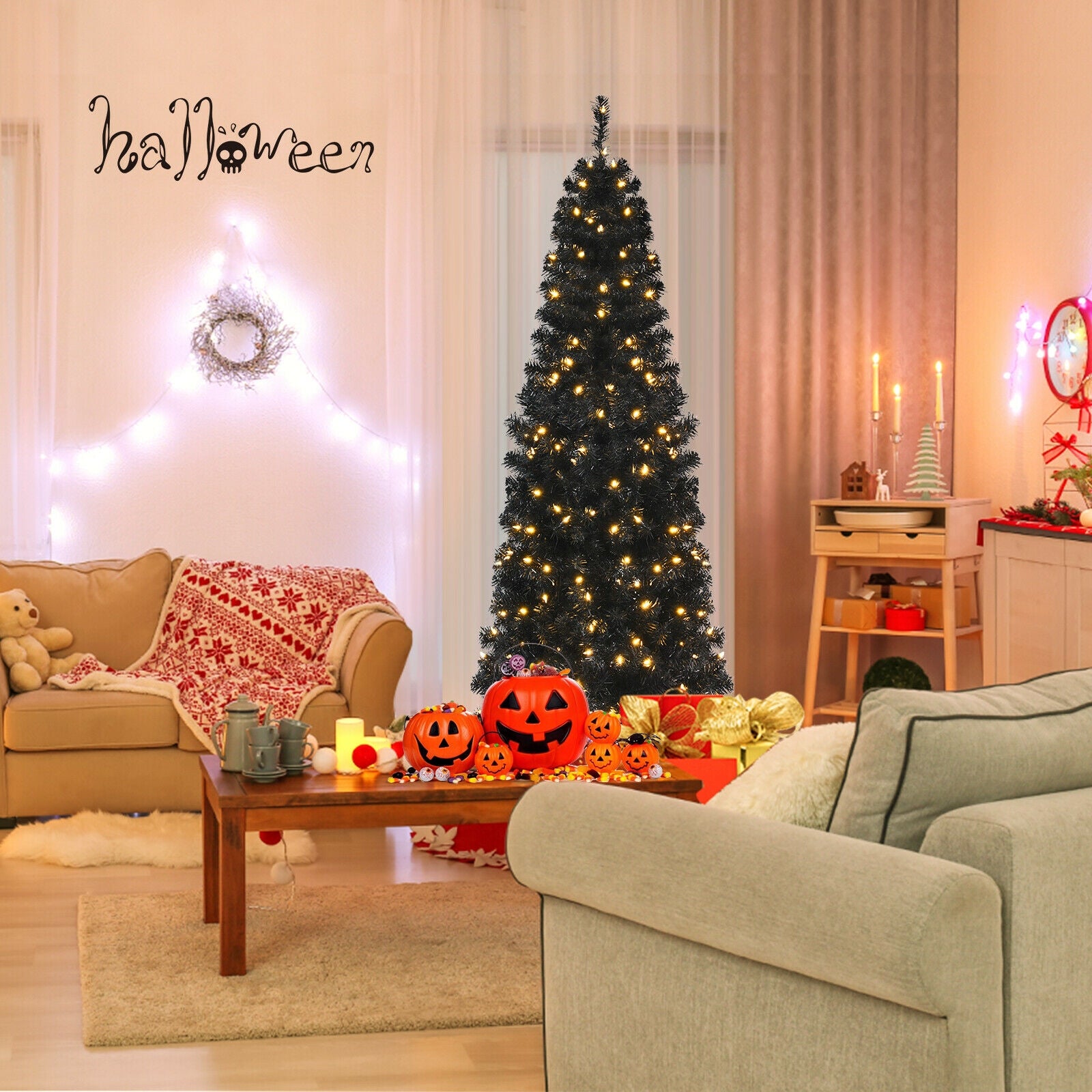 Pre-lit Christmas Halloween Tree with PVC Branch Tips and Warm White Lights-6'