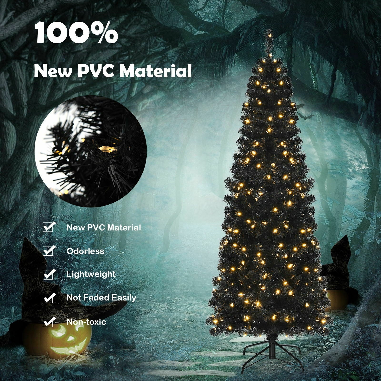 Pre-lit Christmas Halloween Tree with PVC Branch Tips and Warm White Lights-6'