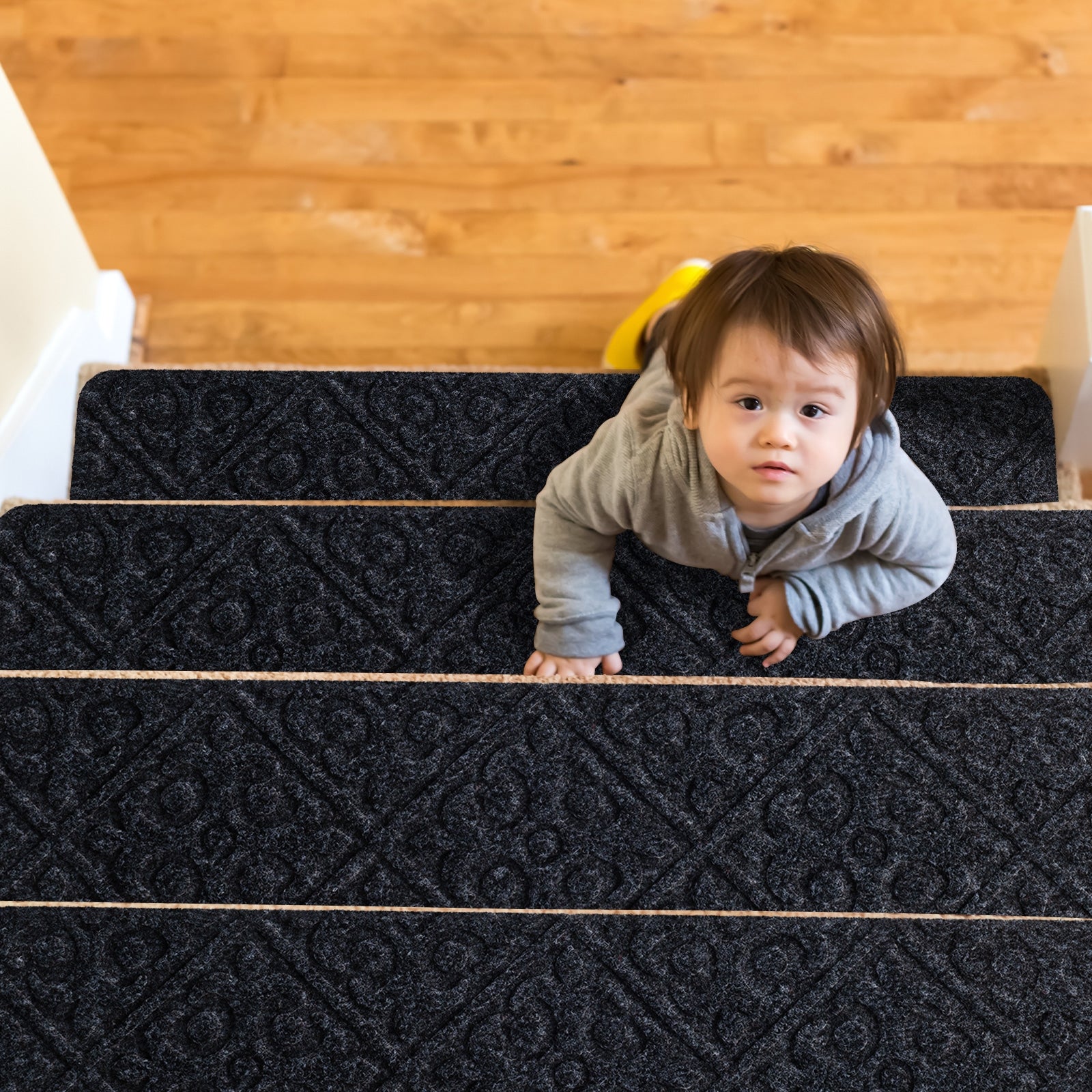 15Pcs Indoor Non-Slip Stair Carpet Mats for Wooden Steps-Gray 