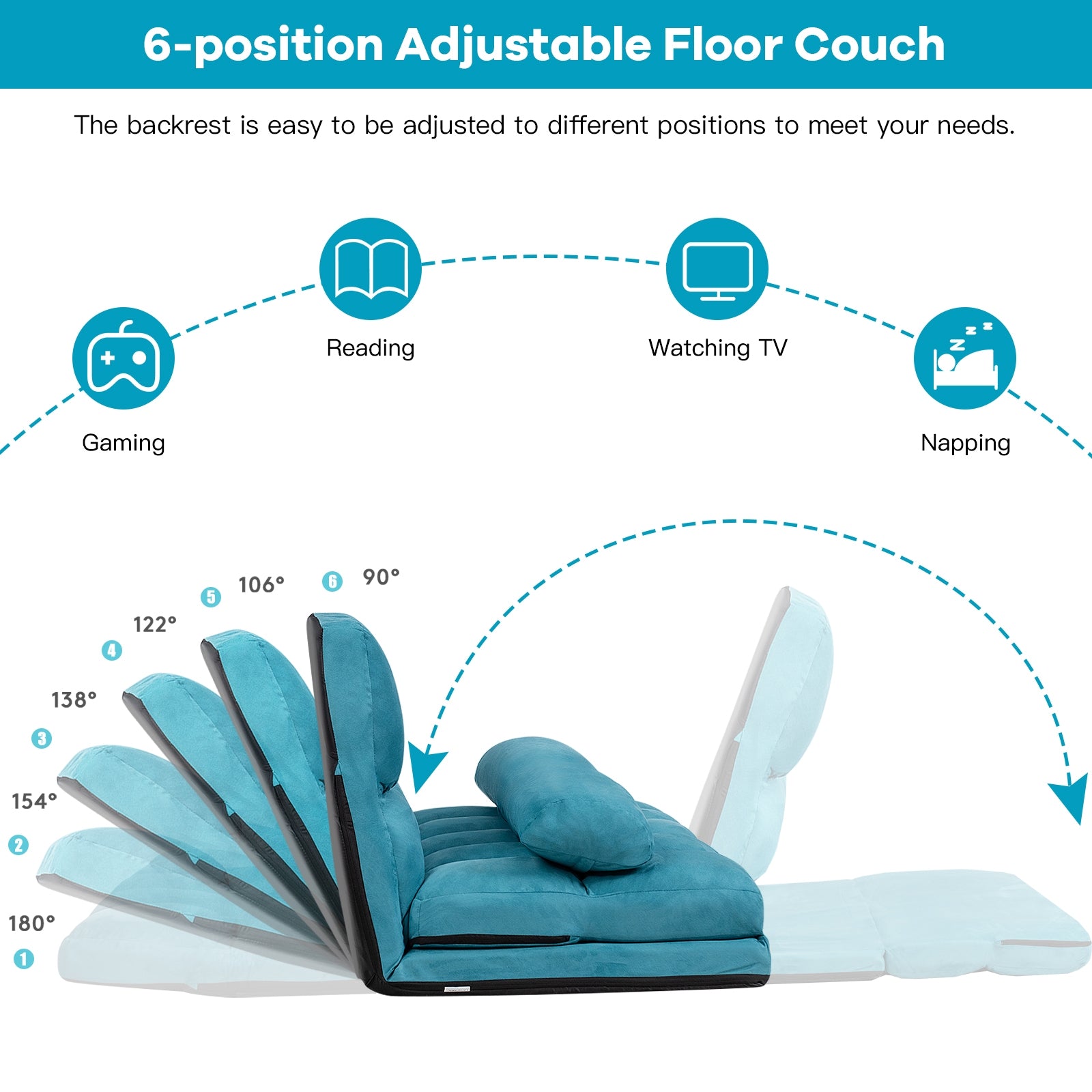 Foldable Floor 6-Position Adjustable Lounge Couch-Blue