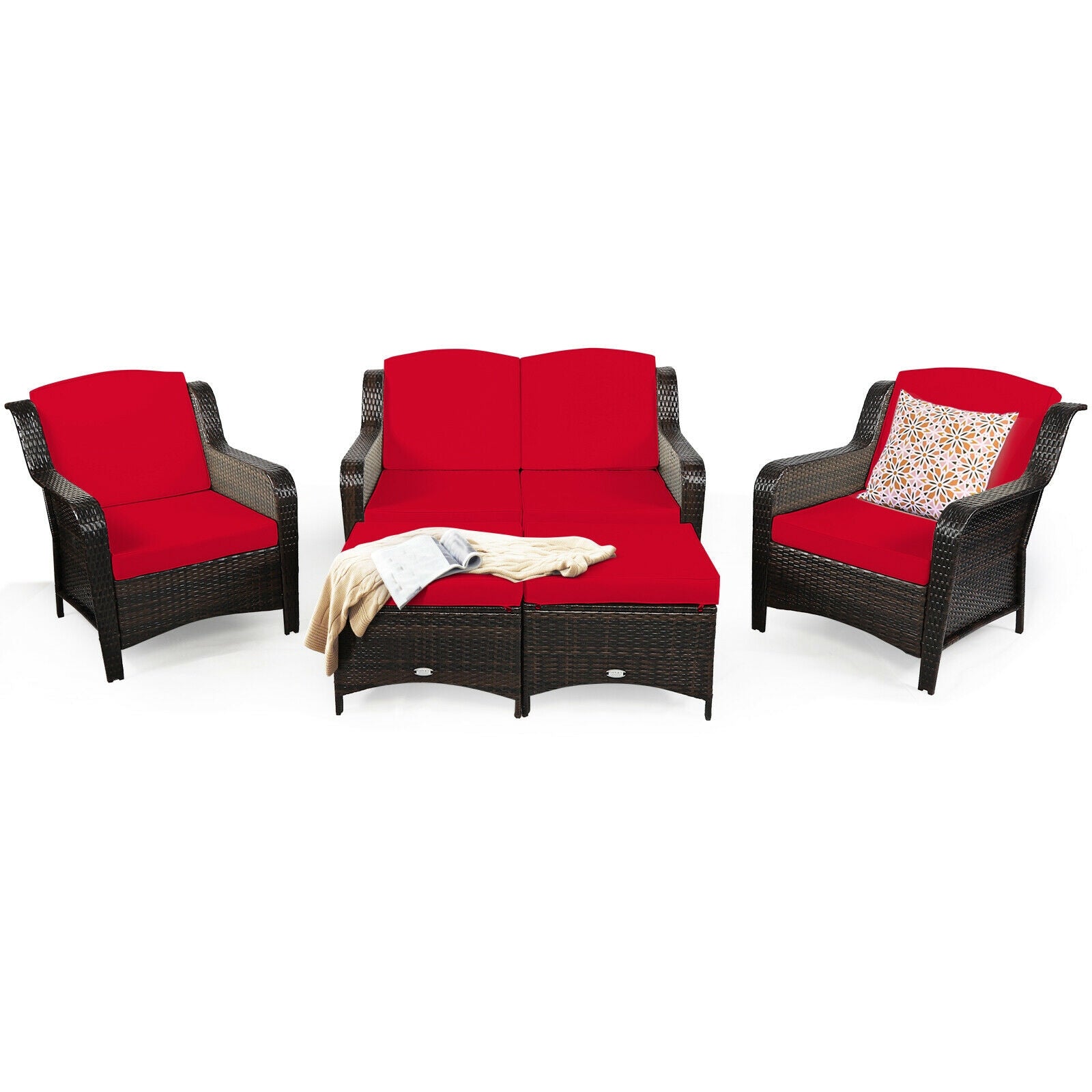 5PCS Patio Rattan Sofa Set with Cushion and Ottoman