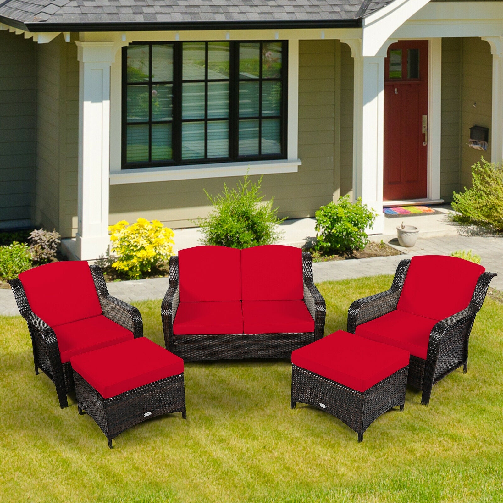 5PCS Patio Rattan Sofa Set with Cushion and Ottoman 